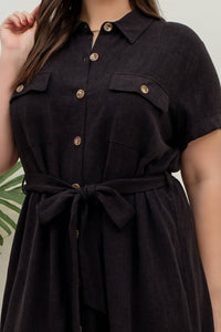 PLUS COLLARED BUTTON DOWN BELTED MINI DRESS