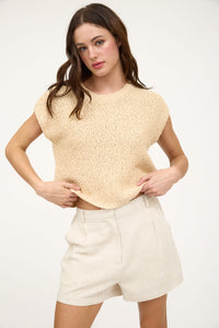 Textured Knit Crew Neck Short Sleeve Pullover