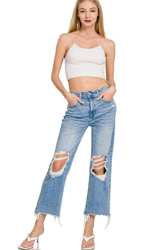 Distressed Knee Raw Frayed Hem Cropped Denim Pants