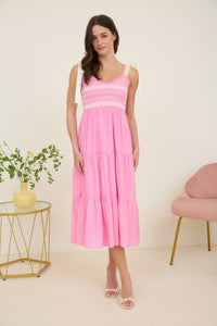 Embroidered Detail Ribbon Strap Tiered Maxi Dress