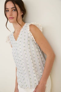 Stripe Floral V Neck Lace Trim Button Down Blouse