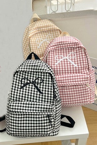 Coquette Bow Embroidered Checkered Backpack