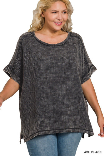 Plus Acid Washed Double Gauze Cuffed Short Slv Tee