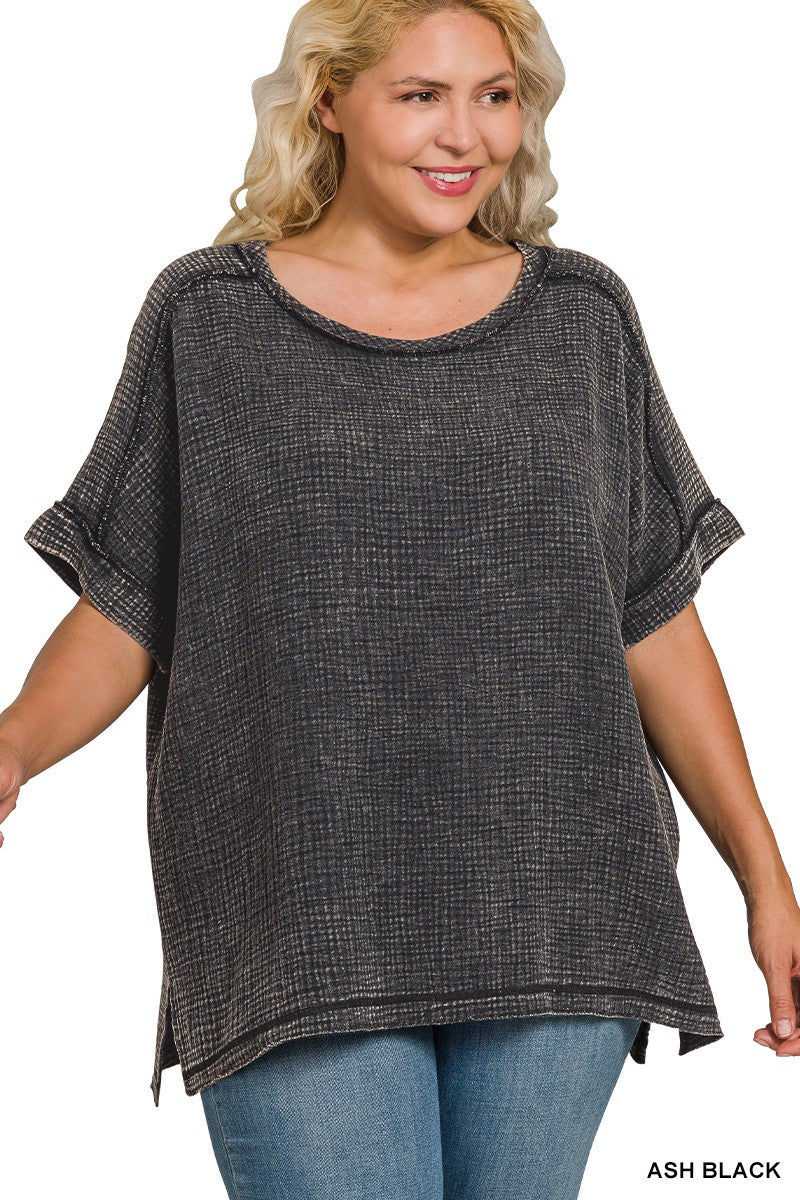 Plus Acid Washed Double Gauze Cuffed Short Slv Tee