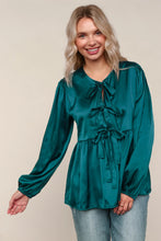 Load image into Gallery viewer, Plus Teal Satin Babydoll Top with Front Ribbon Tie