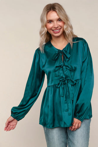 Teal Satin Babydoll Top with Front Ribbon Tie