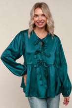 Load image into Gallery viewer, Plus Teal Satin Babydoll Top with Front Ribbon Tie
