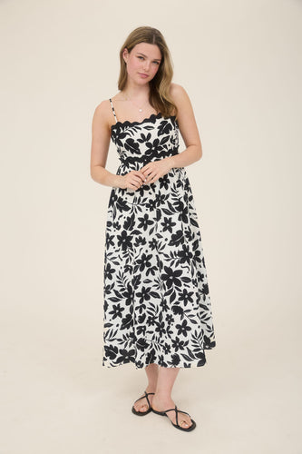 Floral Wavy Trim Back Tie Midi Dress