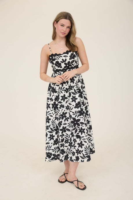 Floral Wavy Trim Back Tie Midi Dress
