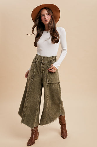 Mineral Wash Cropped Fray Hem Corduroy Wide Pants