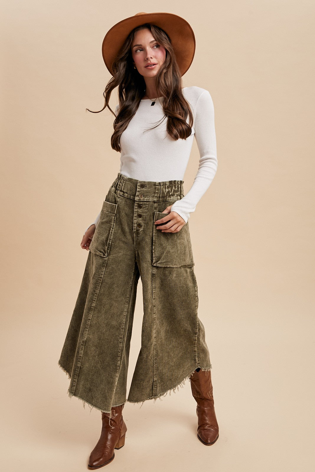 Mineral Wash Cropped Fray Hem Corduroy Wide Pants