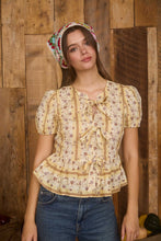 Load image into Gallery viewer, Floral Stripe Pattern Front Tie Puff Sleeve Blouse