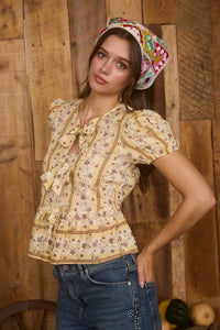 Floral Stripe Pattern Front Tie Puff Sleeve Blouse