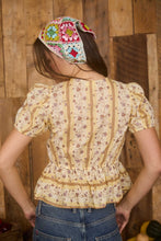 Load image into Gallery viewer, Floral Stripe Pattern Front Tie Puff Sleeve Blouse