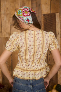 Floral Stripe Pattern Front Tie Puff Sleeve Blouse