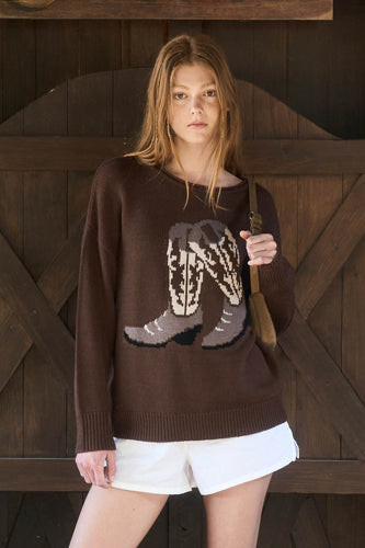 Western Boot Jacquard Long Sleeve Knit Sweater