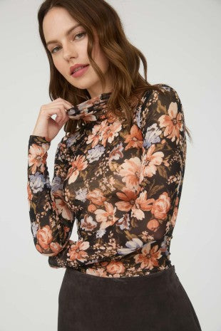 Floral Mock Neck Long Sleeve Sheer Knit Top
