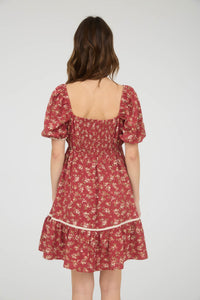 Floral Contrast Trim Detail Puff sleeves Mini Dress