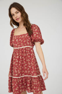 Floral Contrast Trim Detail Puff sleeves Mini Dress