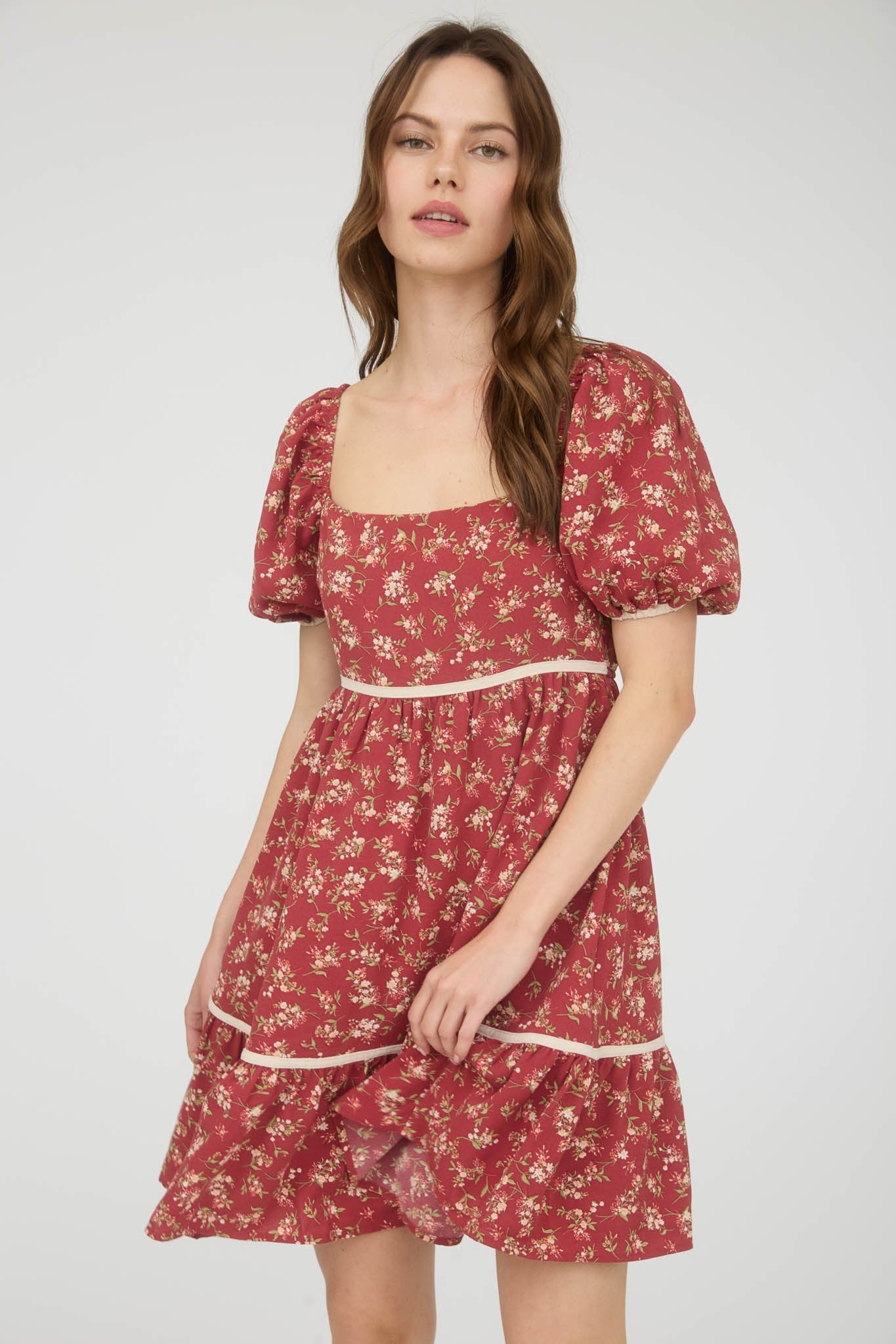 Floral Contrast Trim Detail Puff Sleeves Mini Dress Floral Contrast Trim Detail Puff Sleeves Mini Dress
