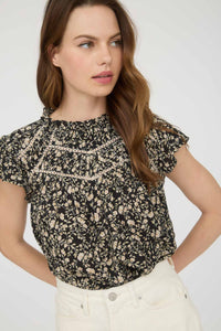 Floral Lace Yoke Ruffle Detail Short Sleeve Top