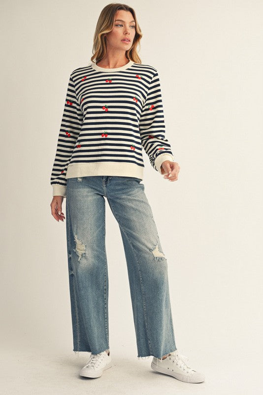 Cherry Embroidered Casual Stripe Top
