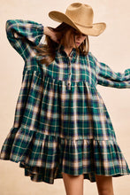 Load image into Gallery viewer, Plaid Woven Shirring Buttoned Tiered Shirt Dress