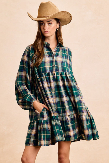 Plaid Woven Shirring Buttoned Tiered Shirt Dress