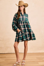 Load image into Gallery viewer, Plaid Woven Shirring Buttoned Tiered Shirt Dress