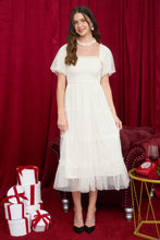 Load image into Gallery viewer, Polka Dot Tulle Puff Sleeve Smocked Tiered Midi