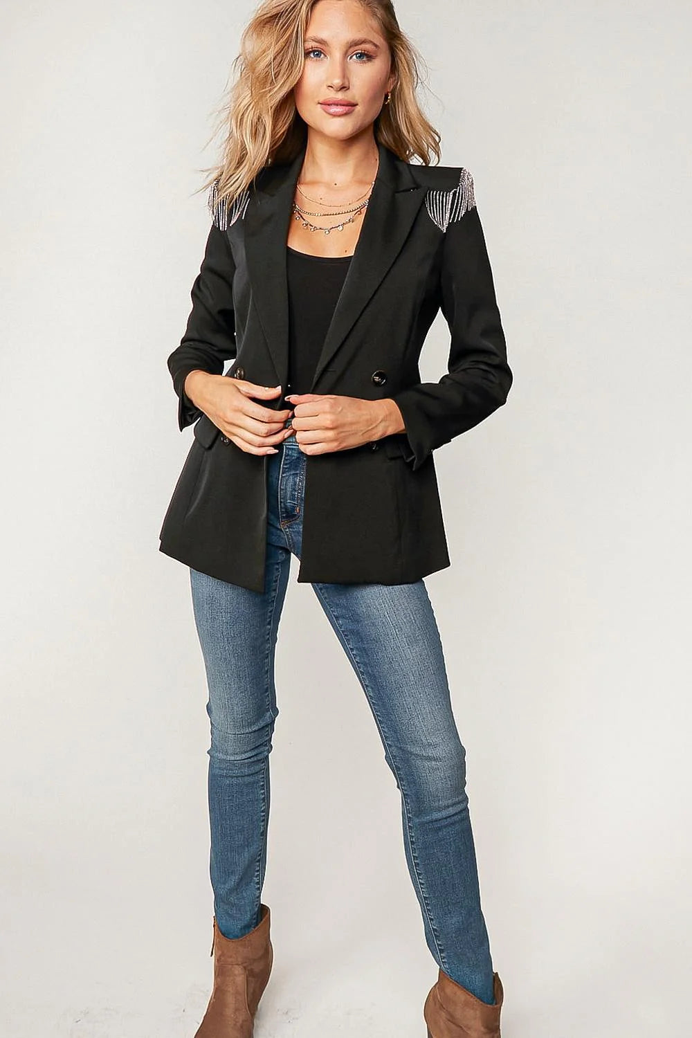 TASSEL SHOULDER FRONT BUTTON DOWN BLAZER