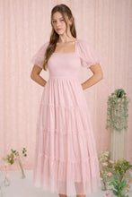 Load image into Gallery viewer, Polka Dot Tulle Puff Sleeve Smocked Tiered Midi