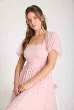 Load image into Gallery viewer, Polka Dot Tulle Puff Sleeve Smocked Tiered Midi