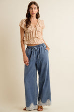 Load image into Gallery viewer, Lace Trim Wide Leg Elastic Mid Rise Denim Pants