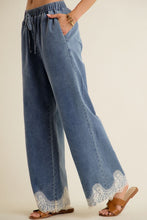 Load image into Gallery viewer, Lace Trim Wide Leg Elastic Mid Rise Denim Pants