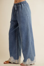 Load image into Gallery viewer, Lace Trim Wide Leg Elastic Mid Rise Denim Pants