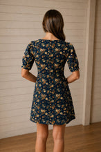 Load image into Gallery viewer, Floral Puff Sleeve Seam Detail Denim Mini Dress