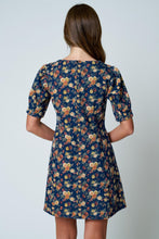 Load image into Gallery viewer, Floral Puff Sleeve Seam Detail Denim Mini Dress