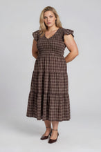 Load image into Gallery viewer, Plus Plaid V Neck Smocked Tiered Midi Dress
