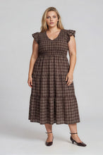 Load image into Gallery viewer, Plus Plaid V Neck Smocked Tiered Midi Dress