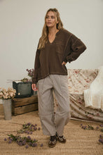 Load image into Gallery viewer, Split Neck Raw Edge Long Sleeve Ribbed Knit Top