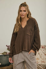 Load image into Gallery viewer, Split Neck Raw Edge Long Sleeve Ribbed Knit Top