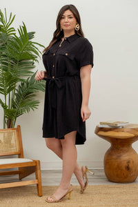 PLUS COLLARED BUTTON DOWN BELTED MINI DRESS