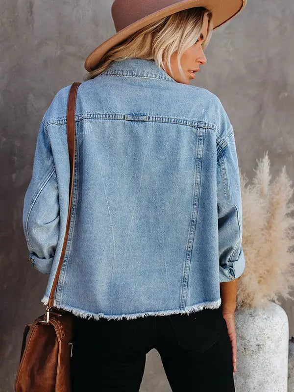 Washed Frayed Denim Loose Jacket