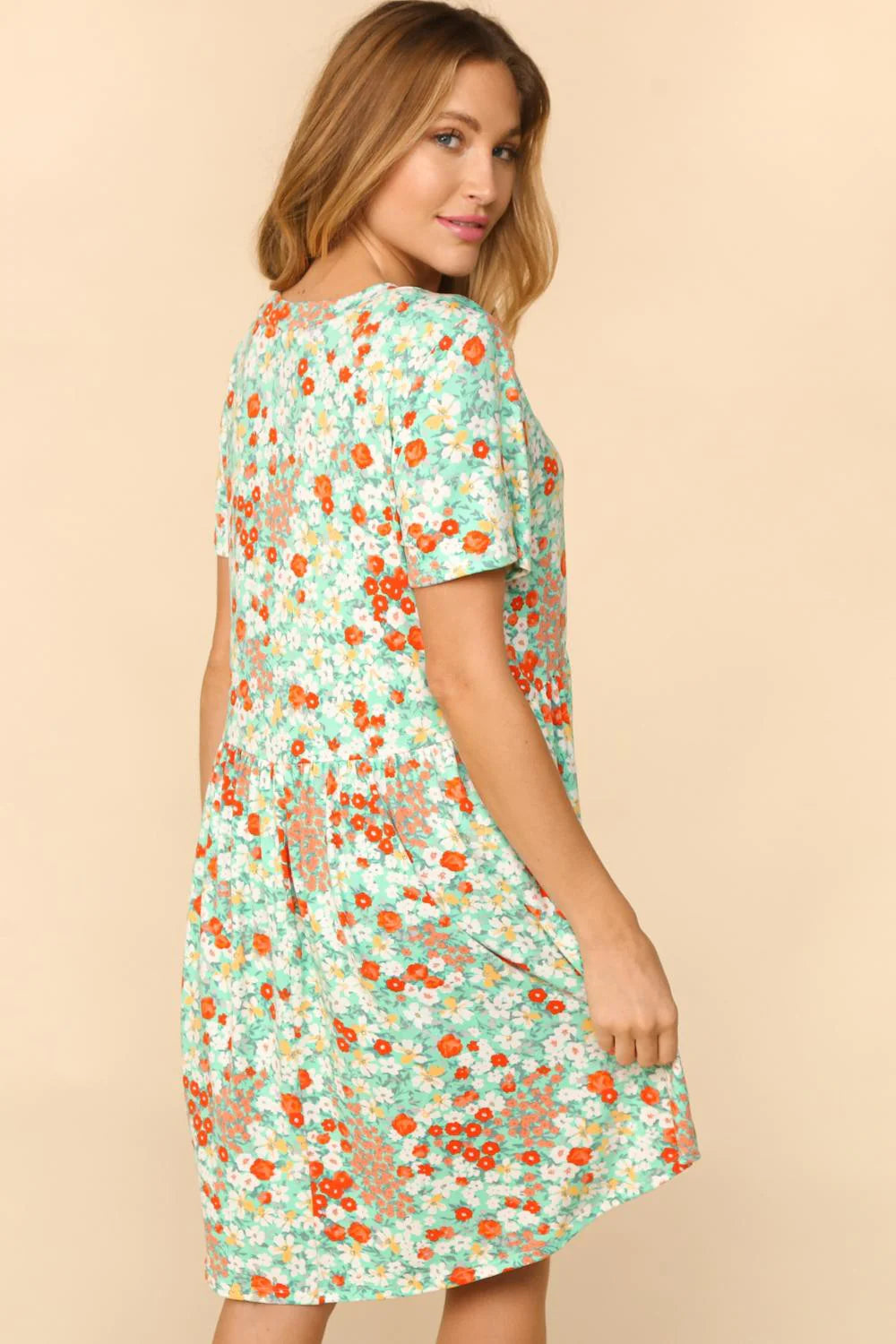 MINT CORAL FLORAL BABYDOLL FIT & FLARE MIDI DRESS