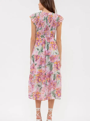 Plus Smocked V Neck Floral Midi Dress