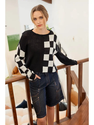 Colorblock Checkered Long Sleeve Knit Sweater