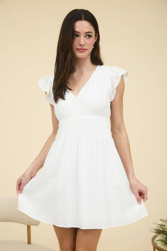 V NECK SHIRRED WAIST RUFFLE SLEEVE MINI DRESS