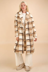 PLUS SIZE Plaid Soft Fuzzy Button Down Long Coat