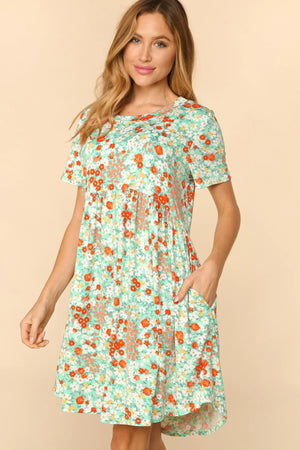 MINT CORAL FLORAL BABYDOLL FIT & FLARE MIDI DRESS